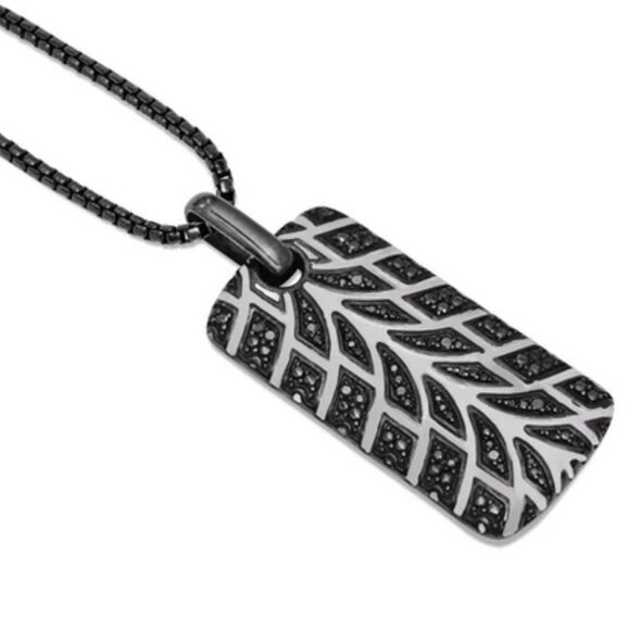 Rhodium Plated Sterling Silver “Racer” Tire Tread Black Diamond Tag With Chain - Picture 9 of 9